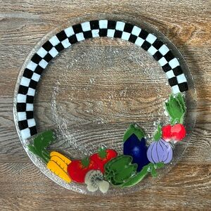 Peggy Karr Vintage Fused Glass Platter, 13-3/4” Dia. Checks, & Multi Veggies.